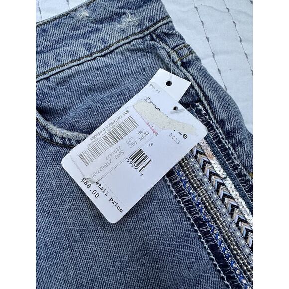 Free People Side Stripe Embellished Beaded Denim Jean Mini Skirt Distressed 8 - Picture 7 of 11